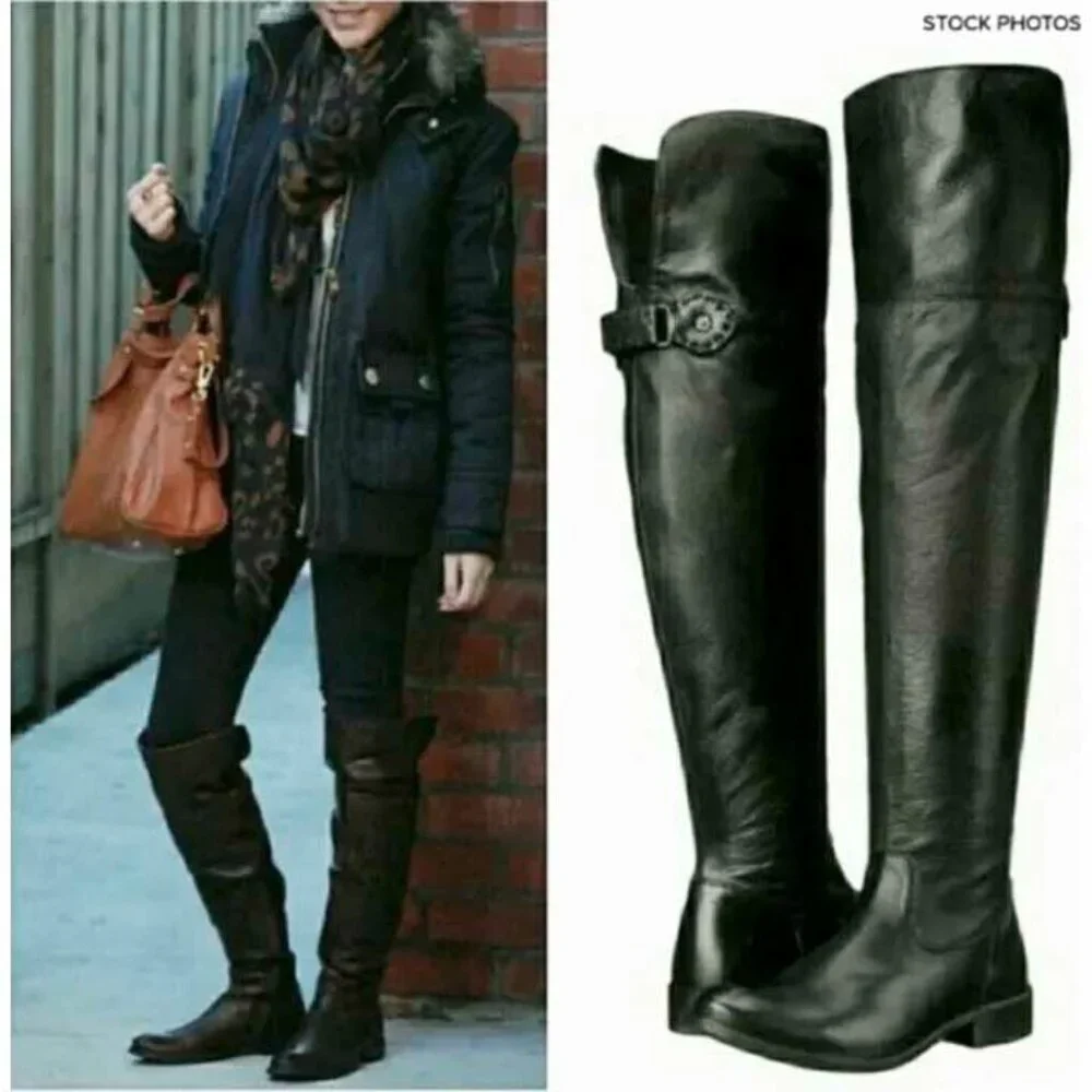 Frye Womens Shirley Over The Knee Riding Black Leather Boots Foldover Pirat 8.5